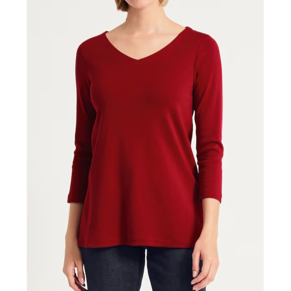 J. Jill Perfect Pima Cotton 3/4 Sleeve V-Neck Tee TOP Red Large A011456